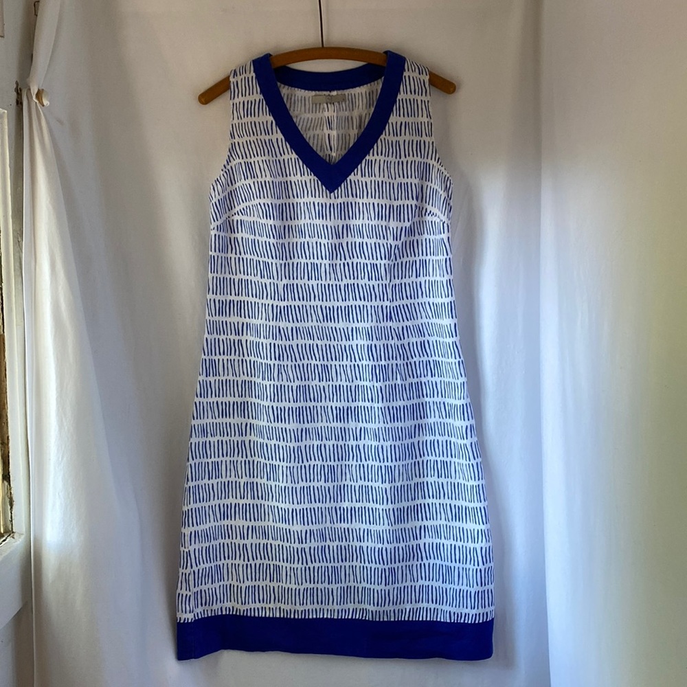 Blue and white graphic print linen shift dress, size 8
